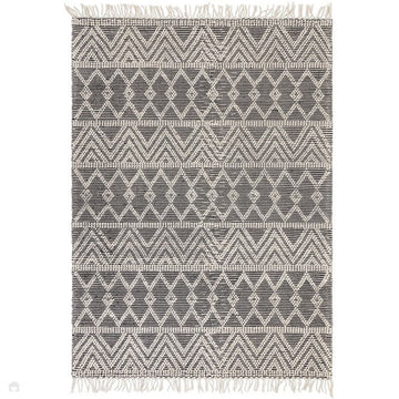 Asra Modern Boho Geometric Hand-Woven Textured Hi-Low Ribbed Bobbled Wool Fringe Flatweave Black/Cream Rug-Asiatic Carpets-Rug Love - The Most Loved Rug Store